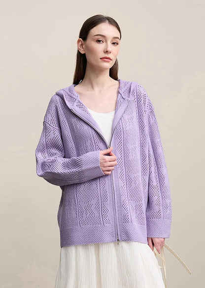 Amii Cardigan For Women 2026 Spring New Hollow Jacquard Wool Knitted Cardigan Casual Hooded Dual Zippers Loose Tops 12651032 Loran