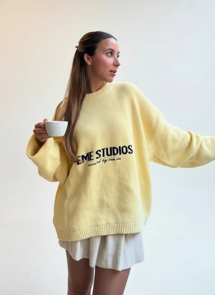 Elegant Loose-Fit Yellow Pullover Sweater for Autumn
