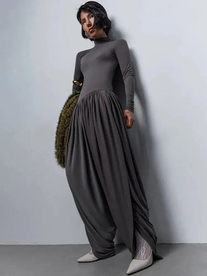 Slim-Fit Patchwork Jumpsuit with Draped Long Sleeves - Loran