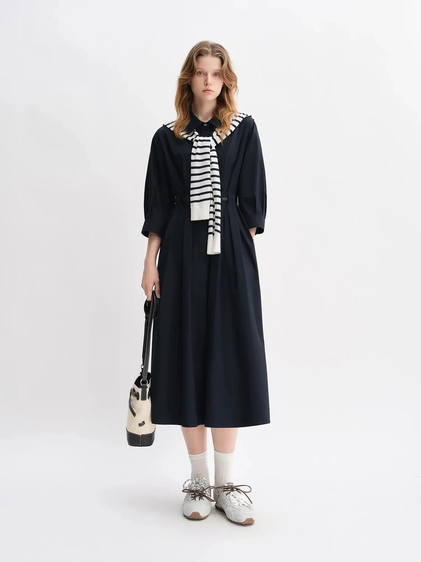 Autumn Vertical Stripe Pleated Shirt Dress with Belt - Loran