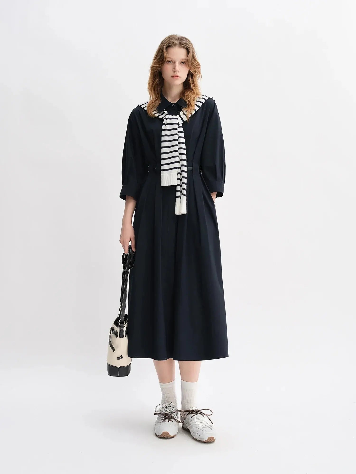 Autumn Vertical Stripe Pleated Shirt Dress with Belt - Loran