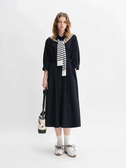 Autumn Vertical Stripe Pleated Shirt Dress with Belt - Loran