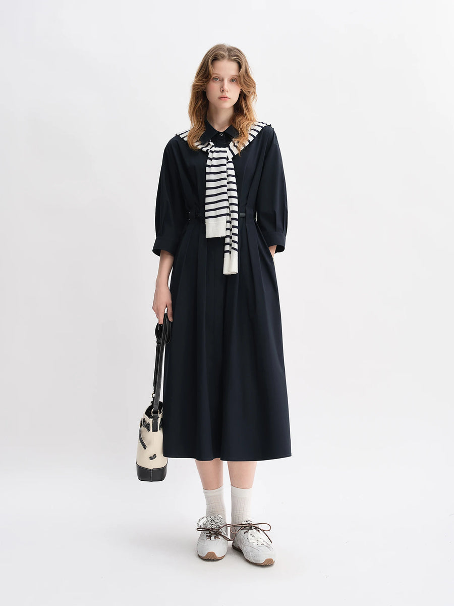 Autumn Vertical Stripe Pleated Shirt Dress with Belt