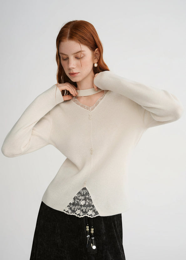Plus Size Lace-Trimmed Mesh Knit Sweater Warm Wool Blend Loran