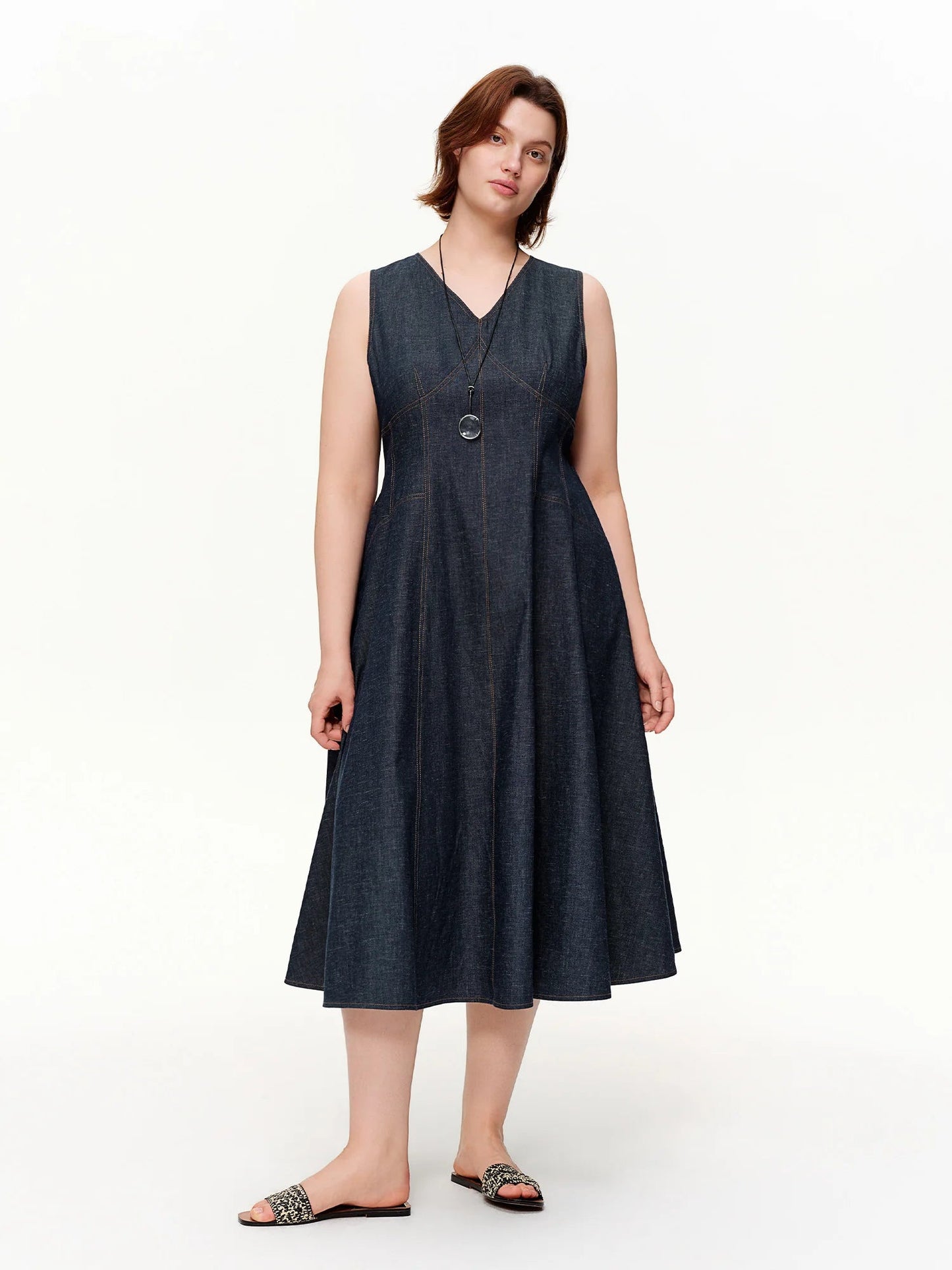 Women’s Sculpted Denim Midi Dress Sleeveless A-Line Style Loran