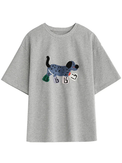 Dog Embroidered Cotton T-Shirt Loose Summer Streetwear Loran