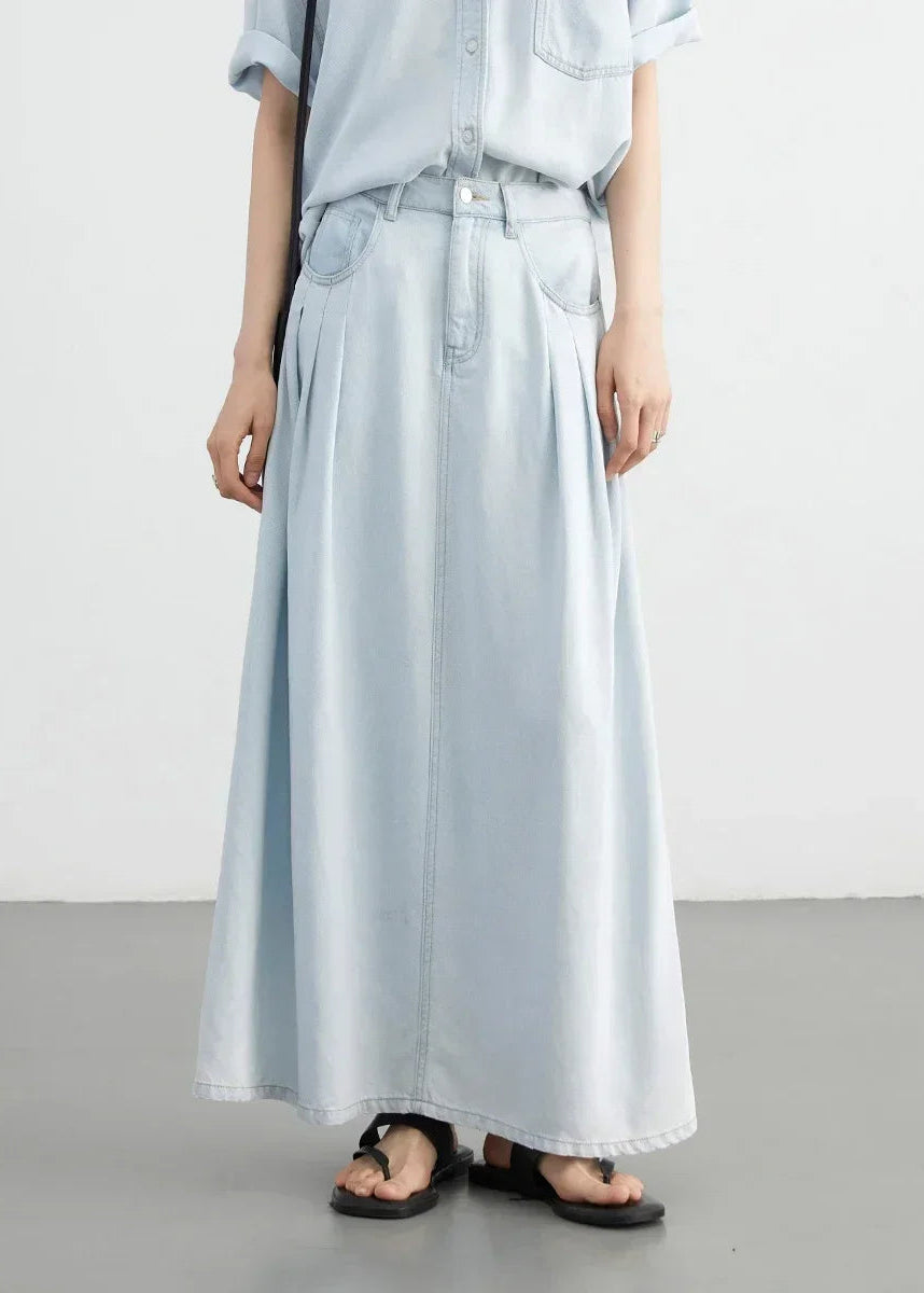 Blue Denim Set: Loose Shirt & Elastic Waist Shorts/Skirt Loran