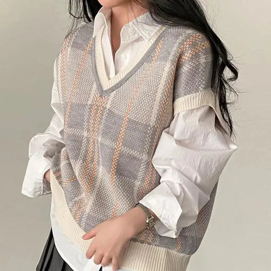 Vintage Korean Style Plaid Knit Pullover Vest - Loran