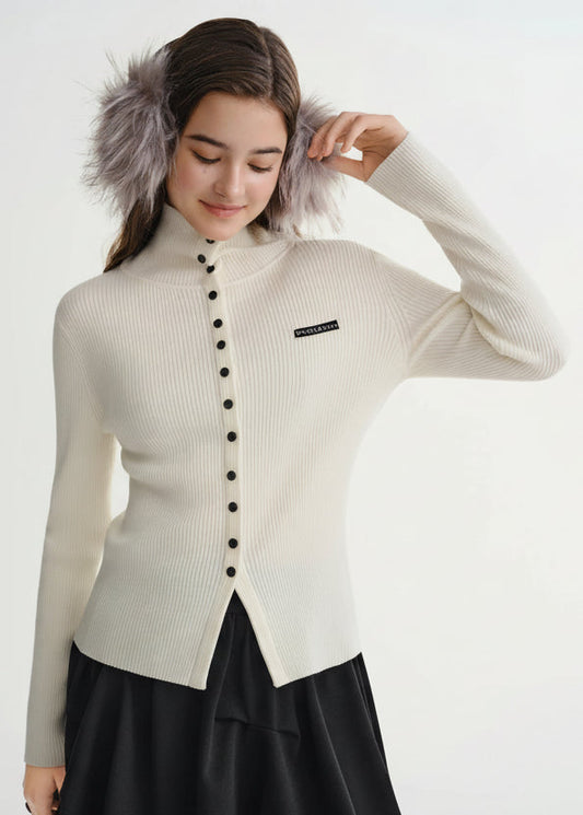 Slim-Fit Lapel Cardigan Ribbed Long Sleeve Fall Top Loran