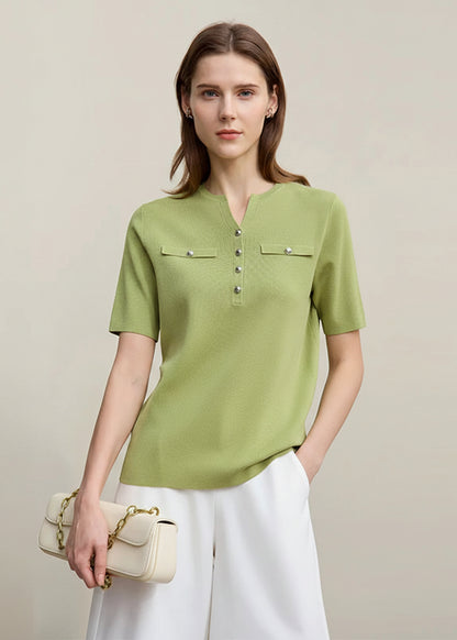 Amii Women's Sweater 2026 Spring New Elegant Knitted Straight Sweater Women's Pullover Half-placket Short-sleeved Top 12621045 Loran
