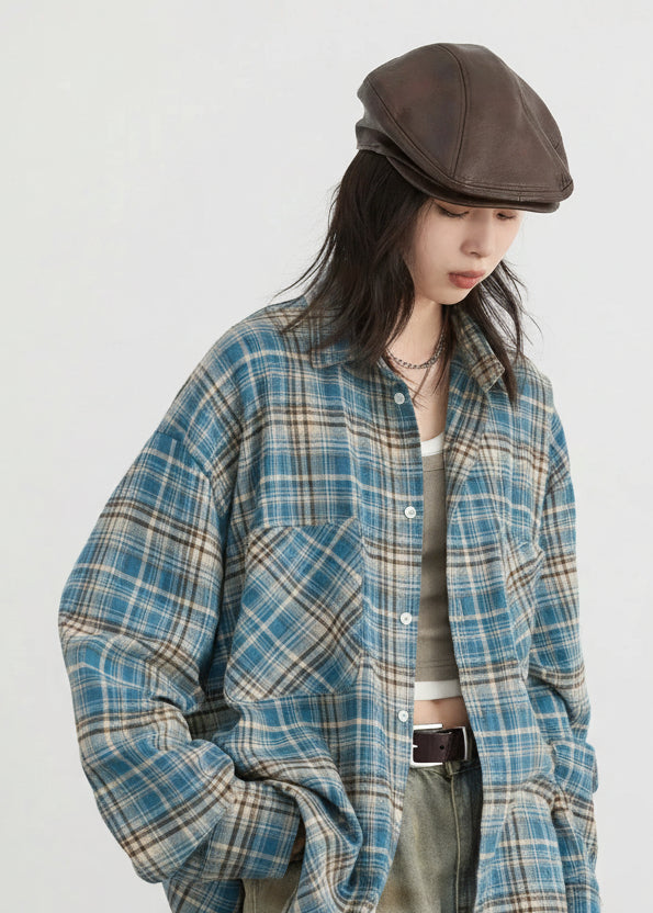 Retro Color Block Grid Cotton Shirt Loose Fit Blouse Loran