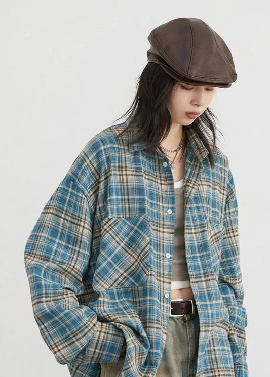 Retro Color Block Grid Cotton Shirt Loose Fit Blouse Loran