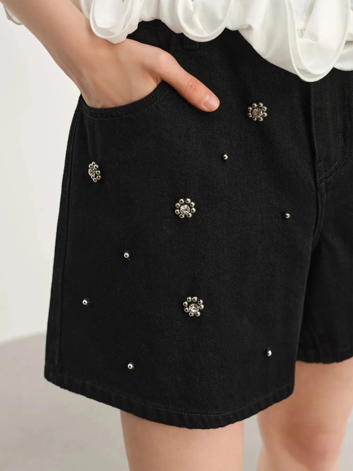 Chic Plus-Size Beaded Denim Shorts - Loran