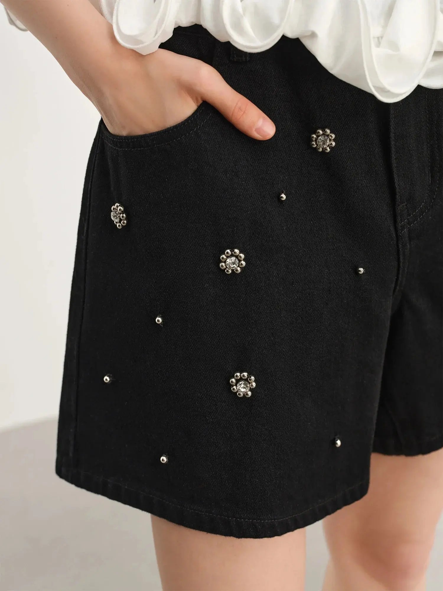 Chic Plus-Size Beaded Denim Shorts - Loran
