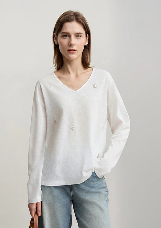 Amii Women's Long Sleeve Top 2026 Spring New V-neck Loose T-shirt Women's Cotton Knitted Tees Pullover Versatile Top 12641011 Loran
