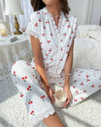 2-Piece Cherry Print Pajamas with Lace Trim.