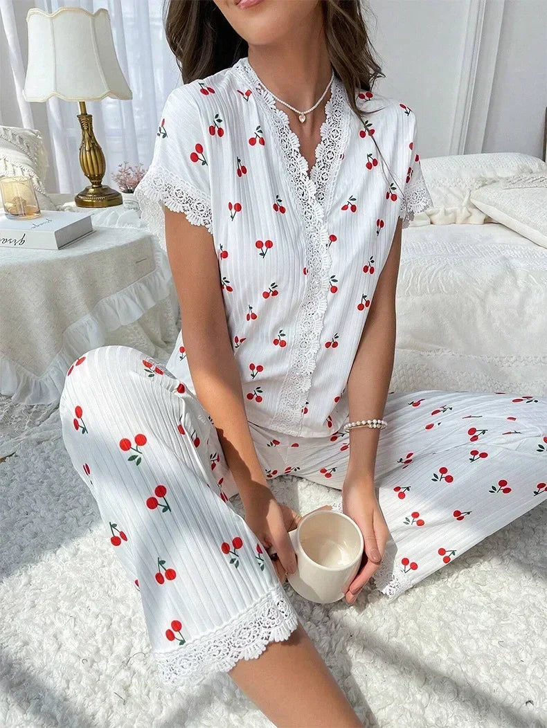 2-Piece Cherry Print Pajamas with Lace Trim.