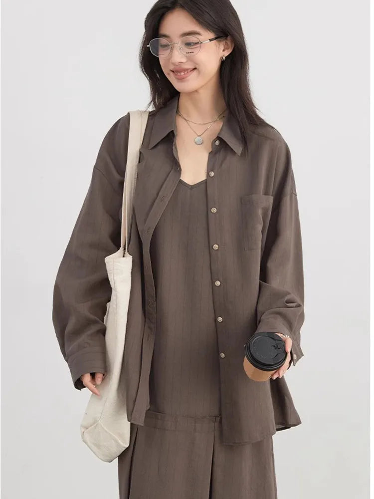 CHIC VEN Women Dress Sets Stripe Shirt Loose Casual Long Sleeve Sunscreen Blouses Camisole V-neck Dresses Spring Autumn 2025 Loran