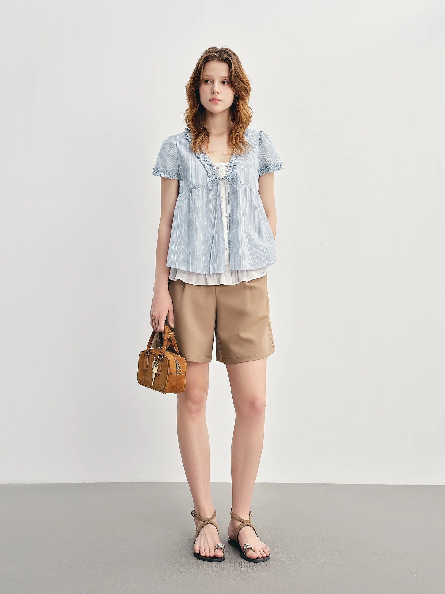 Ruffled Striped Blue Shirt Fake Two-Piece Top