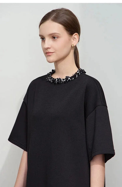 Elegant Mid-Length Knit Dress with Short Sleeves - Loran