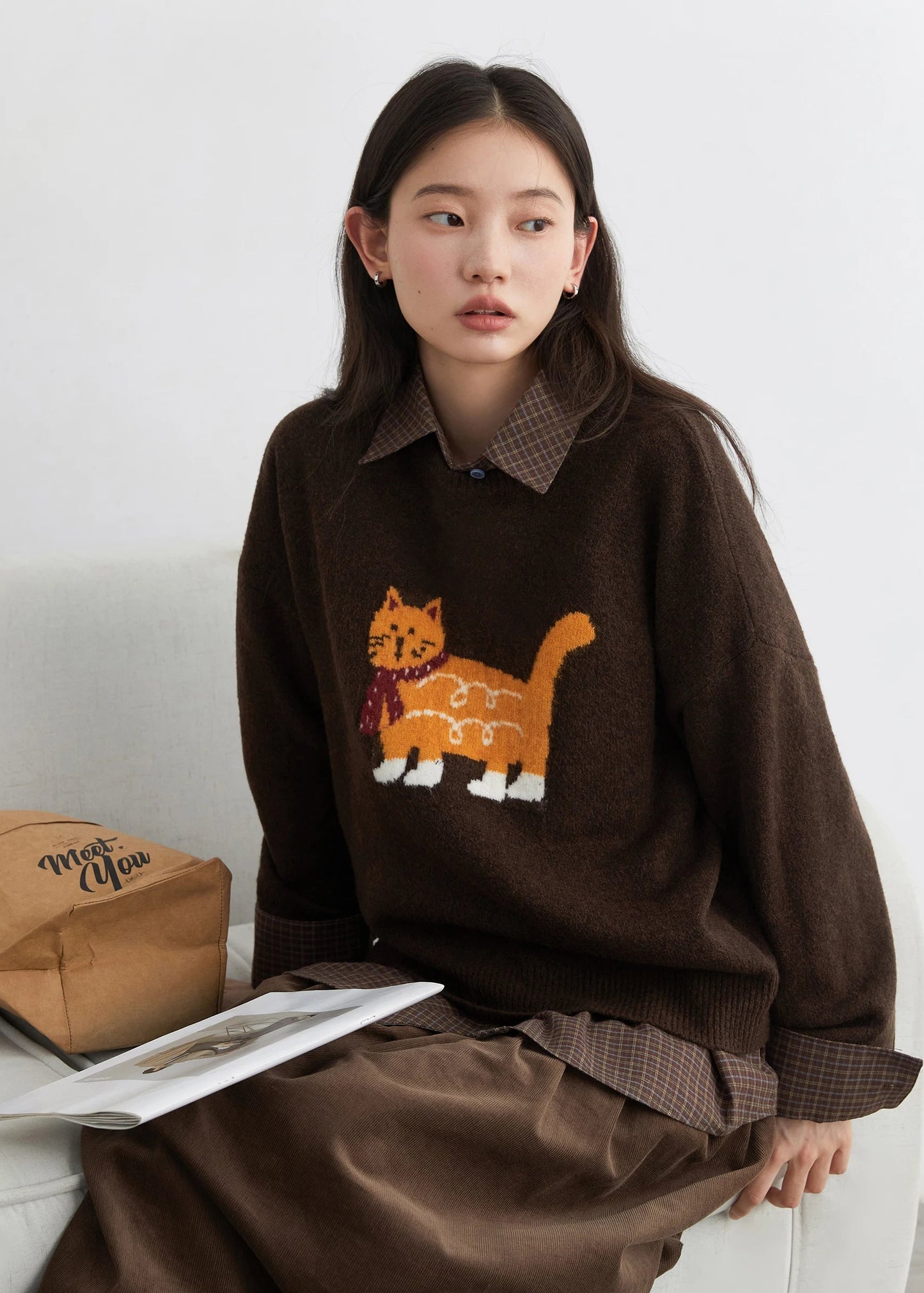 CHIC VEN New Women Sweaters Loose Casual O Neck Cartoon Cat Female Knitted Jumpers Pullovers for Girl Autumn Winter 2025 Loran