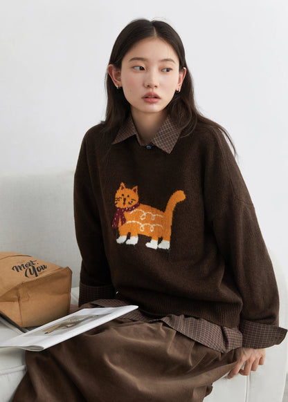 CHIC VEN New Women Sweaters Loose Casual O Neck Cartoon Cat Female Knitted Jumpers Pullovers for Girl Autumn Winter 2025 Loran