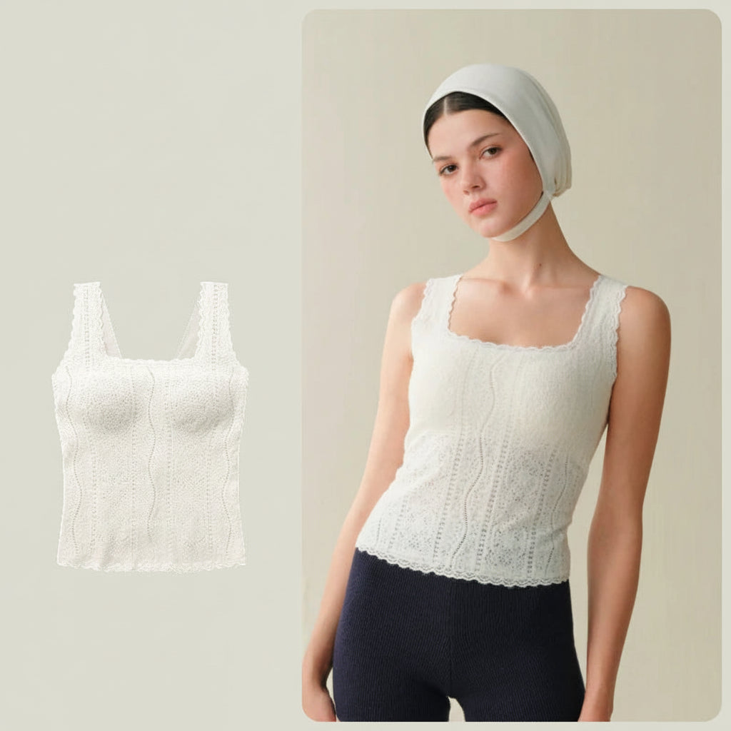 SUJIIN Women's Thermal Underwear 2025 Winter Elegant Sleeveless Square Collar Lace Vest Tops Undershirt Thermal Clothing Woman Loran