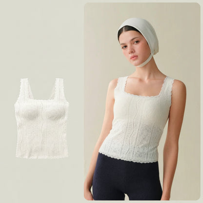SUJIIN Women's Thermal Underwear 2025 Winter Elegant Sleeveless Square Collar Lace Vest Tops Undershirt Thermal Clothing Woman Loran