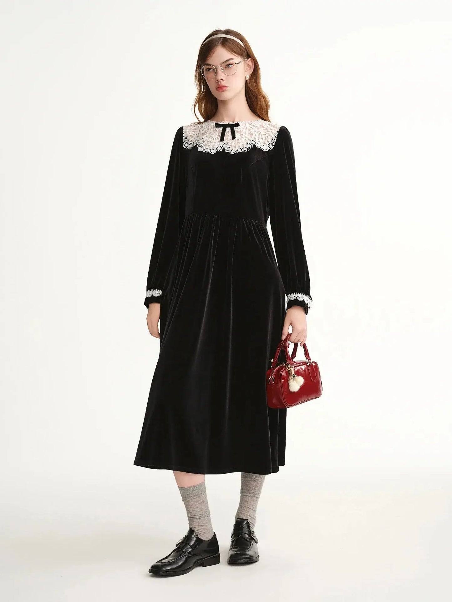 Velvet Evening Gown with Scalloped Lace Trim LORAN STORE