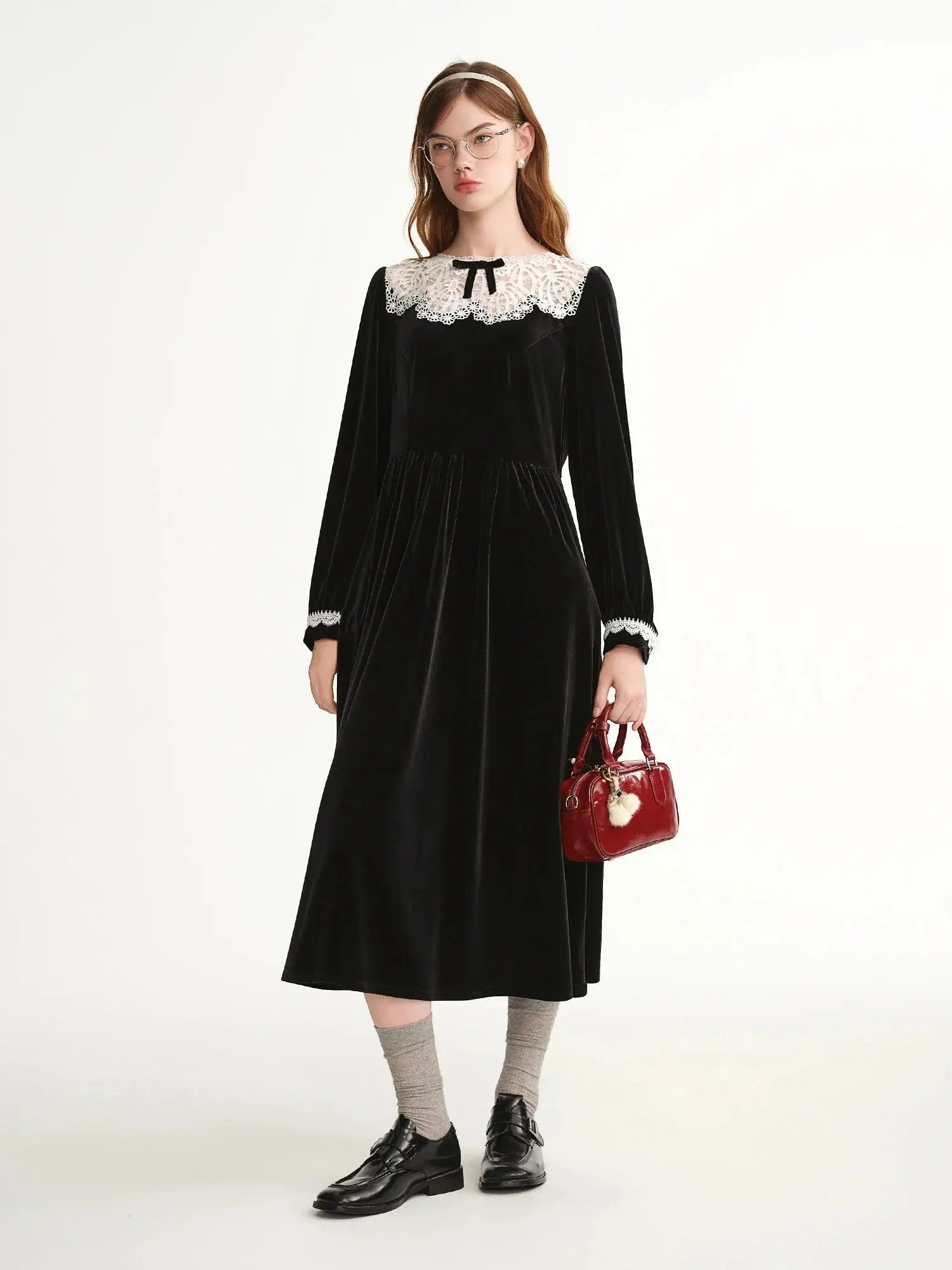 Velvet Evening Gown with Scalloped Lace Trim LORAN STORE