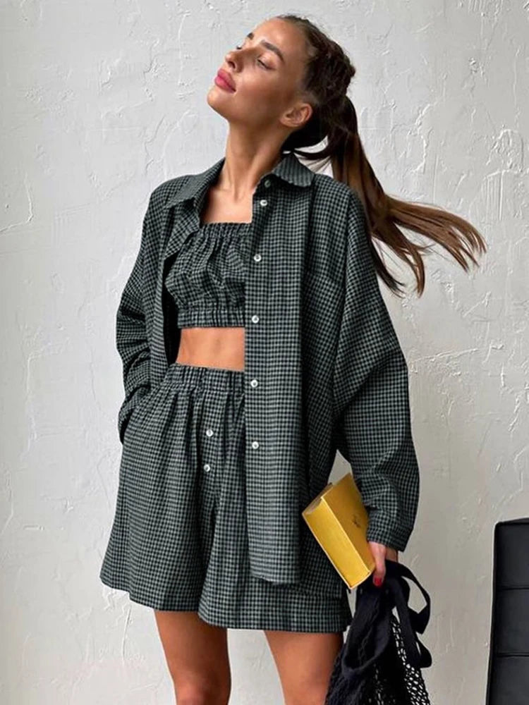 3-Piece Gray Plaid Cotton Lounge Set Loose Summer Outfit Loran