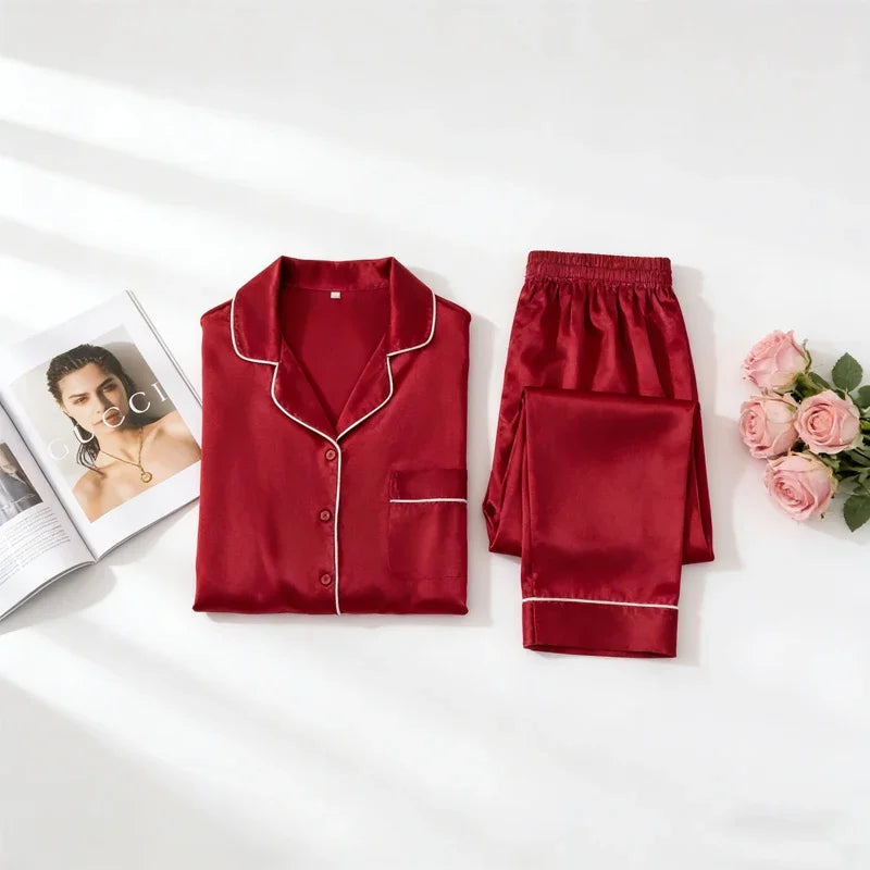 Mulberry Silk Pajama Set Plain Satin Long Pants Loran