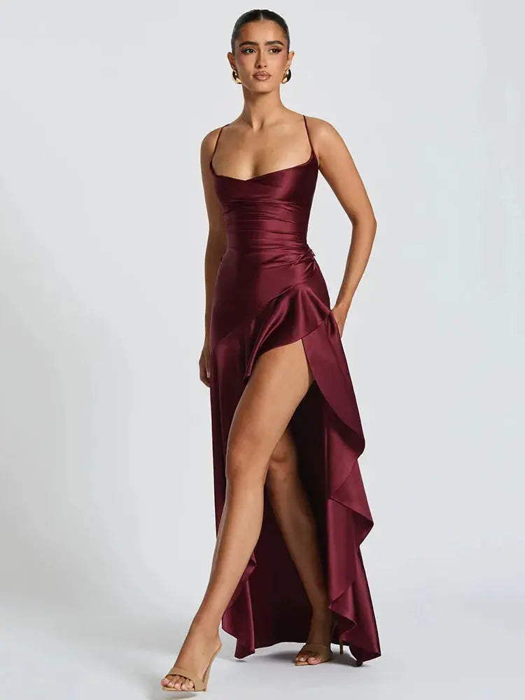 Backless Satin Bodycon Dress with Split - Loran