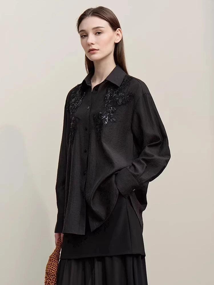 Amii Women Shirts 2026 Spring New Versatile Lapel Long Sleeve Shirt Women's Embroidery Casual Straight Mid‑Length Top 12641067 Loran