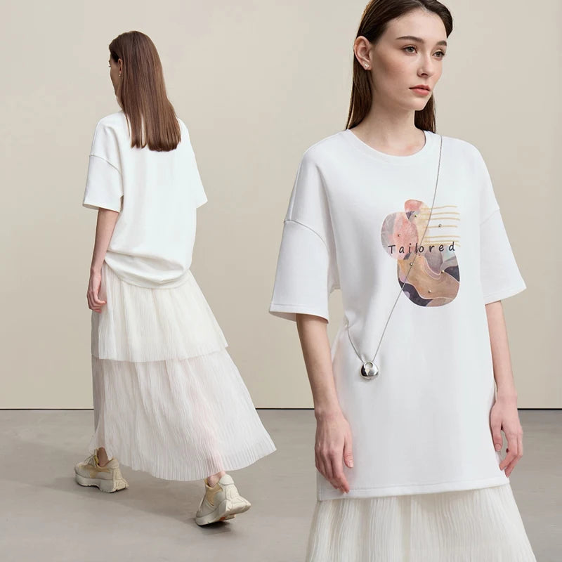 Amii Women's T-shirt 2026 Spring New Casual Crew Neck Down Shoulder Sleeves Printing T-Shirt Women's Loose Cotton Top 12611006 Loran