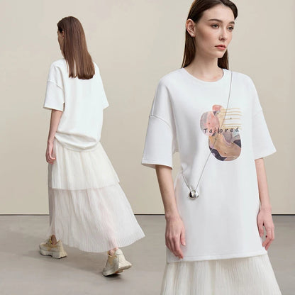 Amii Women's T-shirt 2026 Spring New Casual Crew Neck Down Shoulder Sleeves Printing T-Shirt Women's Loose Cotton Top 12611006 Loran