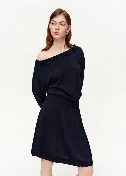 Stylish Trimmed Knit Set Off-Shoulder Top & Mini Skirt Loran