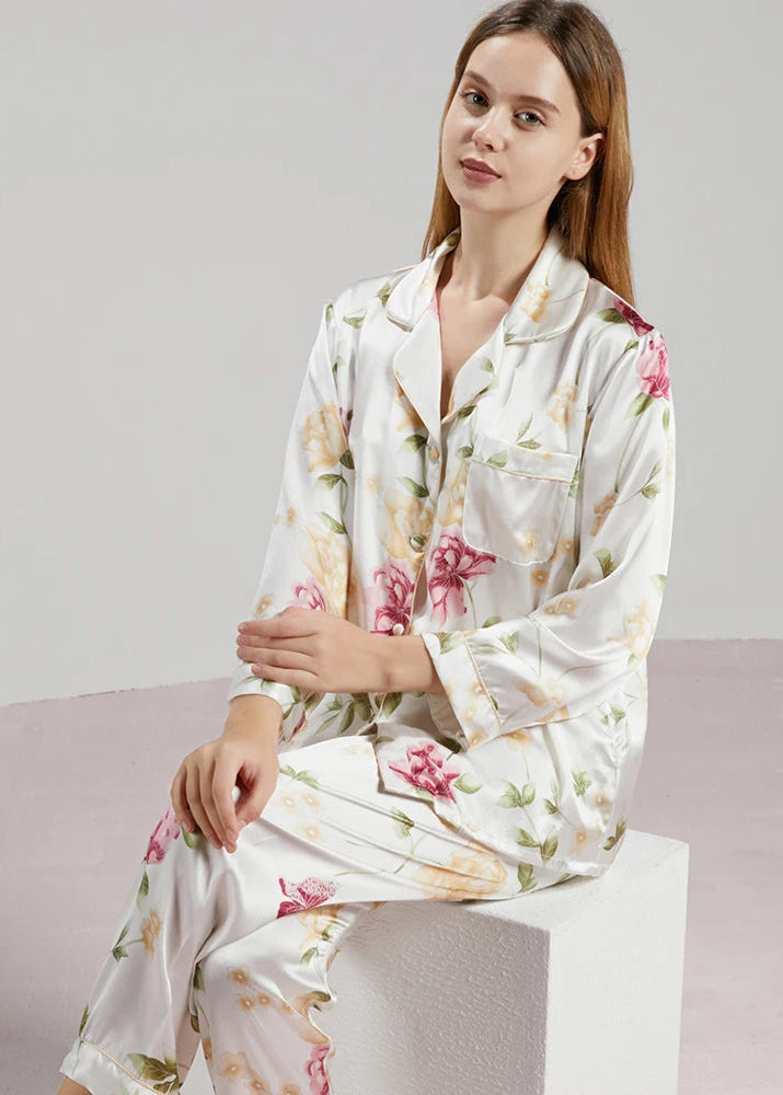 19MM 100% Mulberry Silk Pajamas Women Silk Sleepwear Lady Long-sleeved TrousersTwo-piece Spring Summer  Loose Sexy Home Clothes Loran