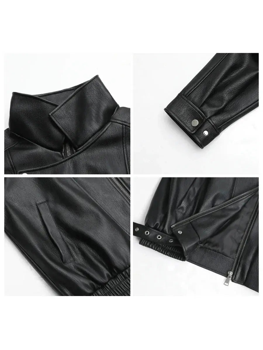 Chic Faux Leather Standing Collar Jacket - Loran