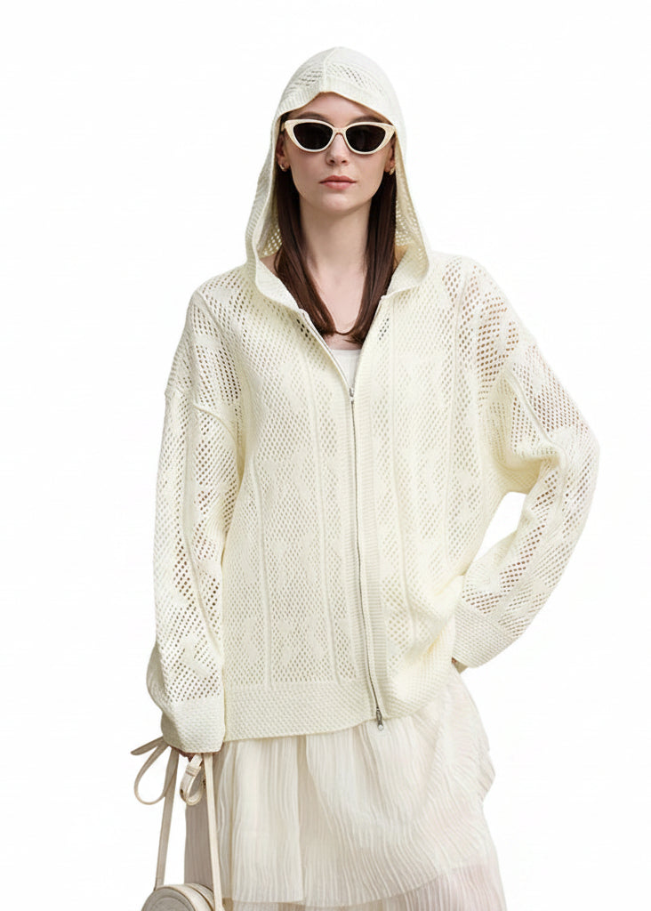 Amii Cardigan For Women 2026 Spring New Hollow Jacquard Wool Knitted Cardigan Casual Hooded Dual Zippers Loose Tops 12651032 Loran