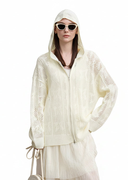 Amii Cardigan For Women 2026 Spring New Hollow Jacquard Wool Knitted Cardigan Casual Hooded Dual Zippers Loose Tops 12651032 Loran