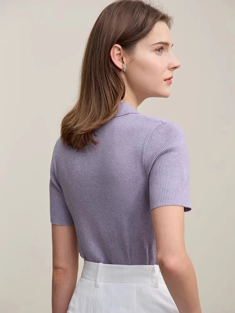 Amii Women's Sweater 2026 Spring New POLO Collar Half‑Placket Knitted Sweater Women's Short Sleeve Pullover Knitwear 12651020 Loran
