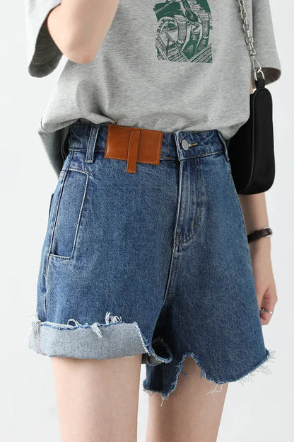High-Waisted Retro Denim Shorts Irregular Cut Blue Jeans Loran