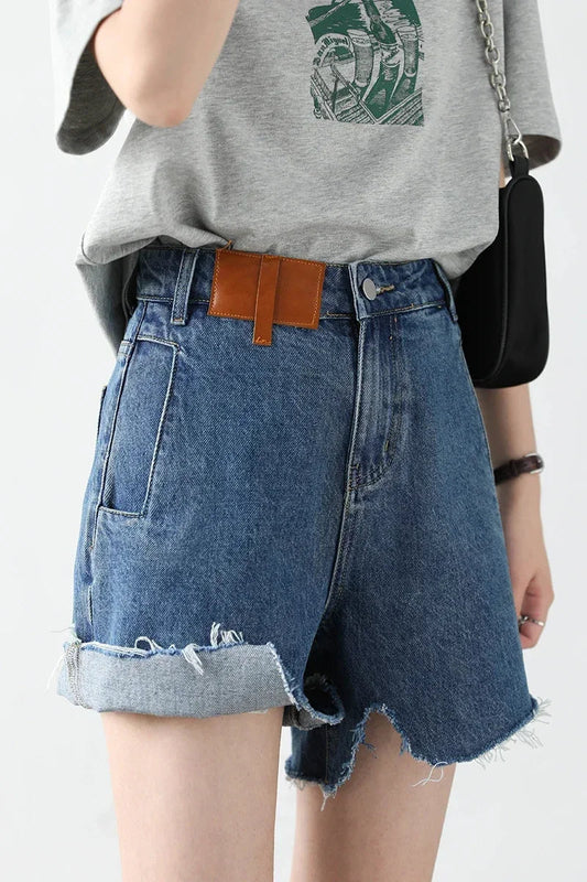 High-Waisted Retro Denim Shorts Irregular Cut Blue Jeans Loran