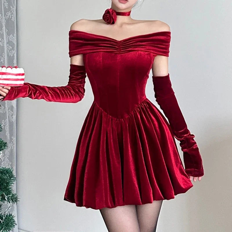 Elegant Velvet Party Dress with Off-Shoulder Ruched Detail