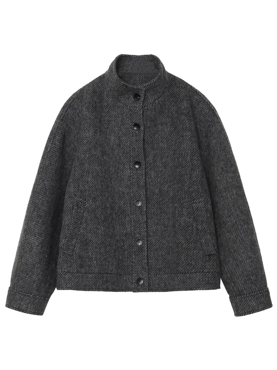 CHIC VEN Women Short Woolen Coat New Stand Up Twill Texture Single Breasted Ladies Jacket Retro Woman Outwear Autumn Winter 2025 Loran