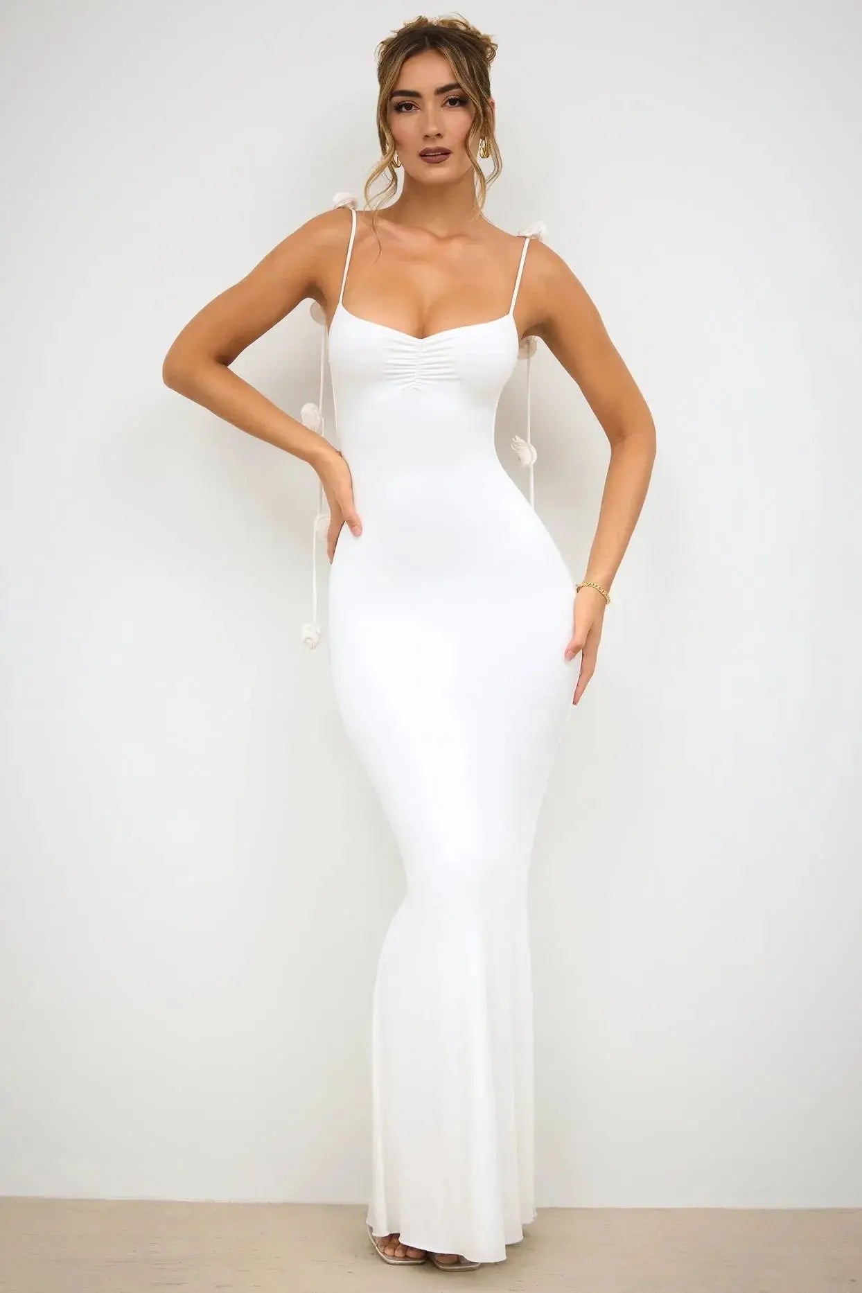 Sleeveless Neck-Wrap Evening Party Dress with Floral Strap Accents - Loran