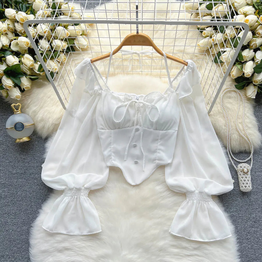 Halter Backless Blouse with Ruffle Flare Sleeves