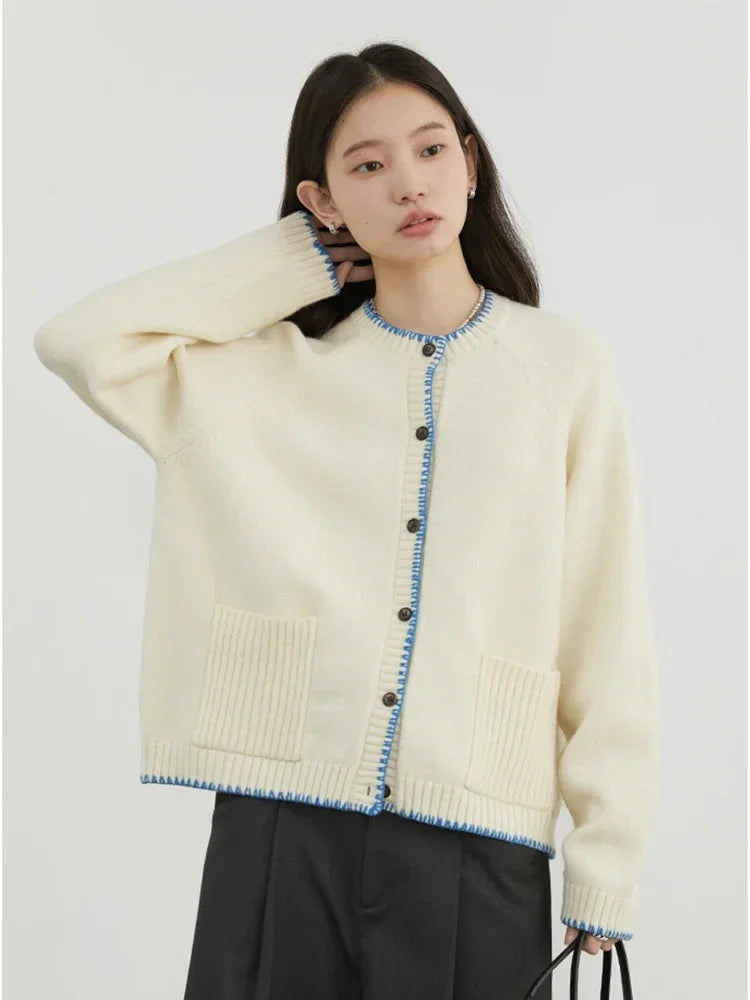 CHIC VEN Women Cardigan Loose Casual New Contrasting Color Knitted Sweaters Female Long Sleeved Jumpers Autumn Winter 2024 Loran