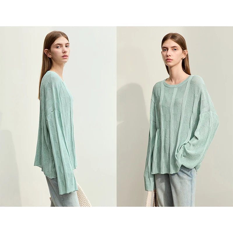 AMII Minimalism Knit Sweaters Women 2025 Spring New Round Neck Hollowed Out Dopamine Loose Drop Sleeves Commuter Tops 12451073 Loran
